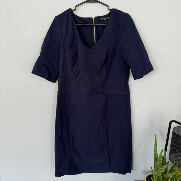 Eloquii Dark Blue Sheath Dress Plus Size 16 Half Sleeves Zipper Back V-Neck - Picture 1 of 8